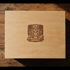 Personalised whiskey gift set open box view showing custom printed glasses and coasters inside wooden presentation box