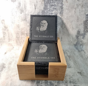 Personalised Upload Your Own Logo Slate Coasters - Pack of Six with Wooden Holder - Custom Coaster - Gift For Him or Her - Home Bar -  Housewarming Gift - Birthday, Anniversary Gift