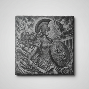 Slate coaster laser engraved with Athena, her owl, spear and aegis shield bearing the Gorgon's head, Greek mythology design