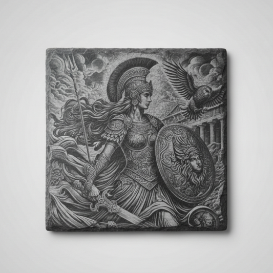 Slate coaster laser engraved with Athena, her owl, spear and aegis shield bearing the Gorgon's head, Greek mythology design