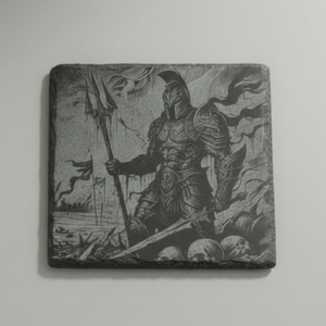 Slate coaster laser engraved with Ares, Greek god of war, in armour on a battlefield with skulls