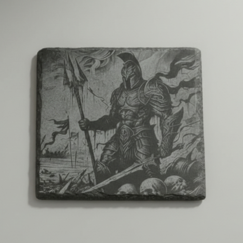 Slate coaster laser engraved with Ares, Greek god of war, in armour on a battlefield with skulls