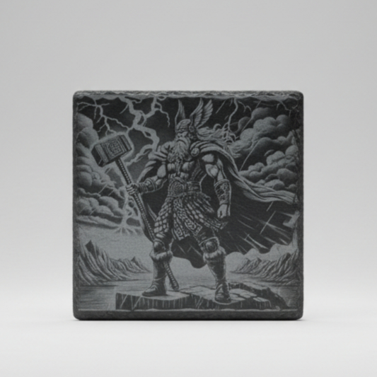 Slate coaster laser engraved with Thor wielding Mjolnir hammer, storm and mountain landscape, Norse mythology design