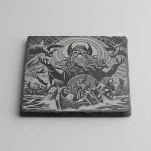 A square dark gray slate coaster featuring a highly detailed black and white Norse mythological illustration of a Viking in a boat, set against a plain light gray background.