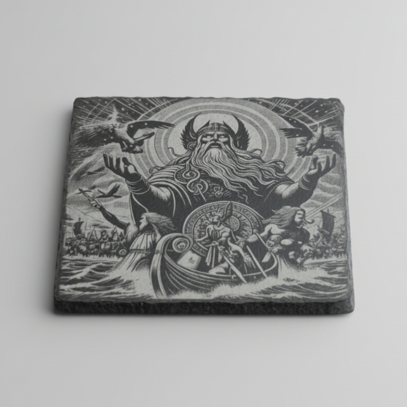 A square dark gray slate coaster featuring a highly detailed black and white Norse mythological illustration of a Viking in a boat, set against a plain light gray background.