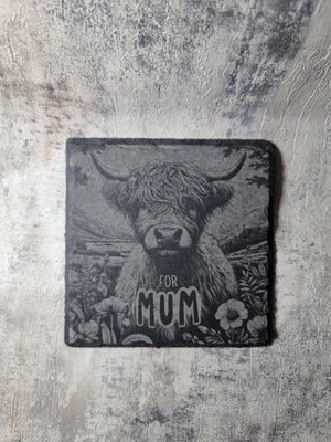 Highland Cow Engraved Slate / Bamboo Coaster - Gift for Mum Animal Lover First Glass Designs