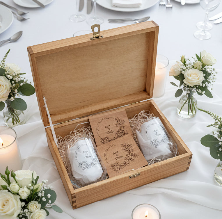 A wooden gift box open to reveal two glasses with a Mr and Mrs design, coasters, and a personal message section all presented with decorative straw filling.