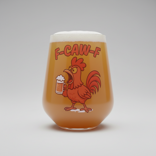 Funny chicken beer glass, custom printed with F-CAW-F text and rooster holding a pint illustration