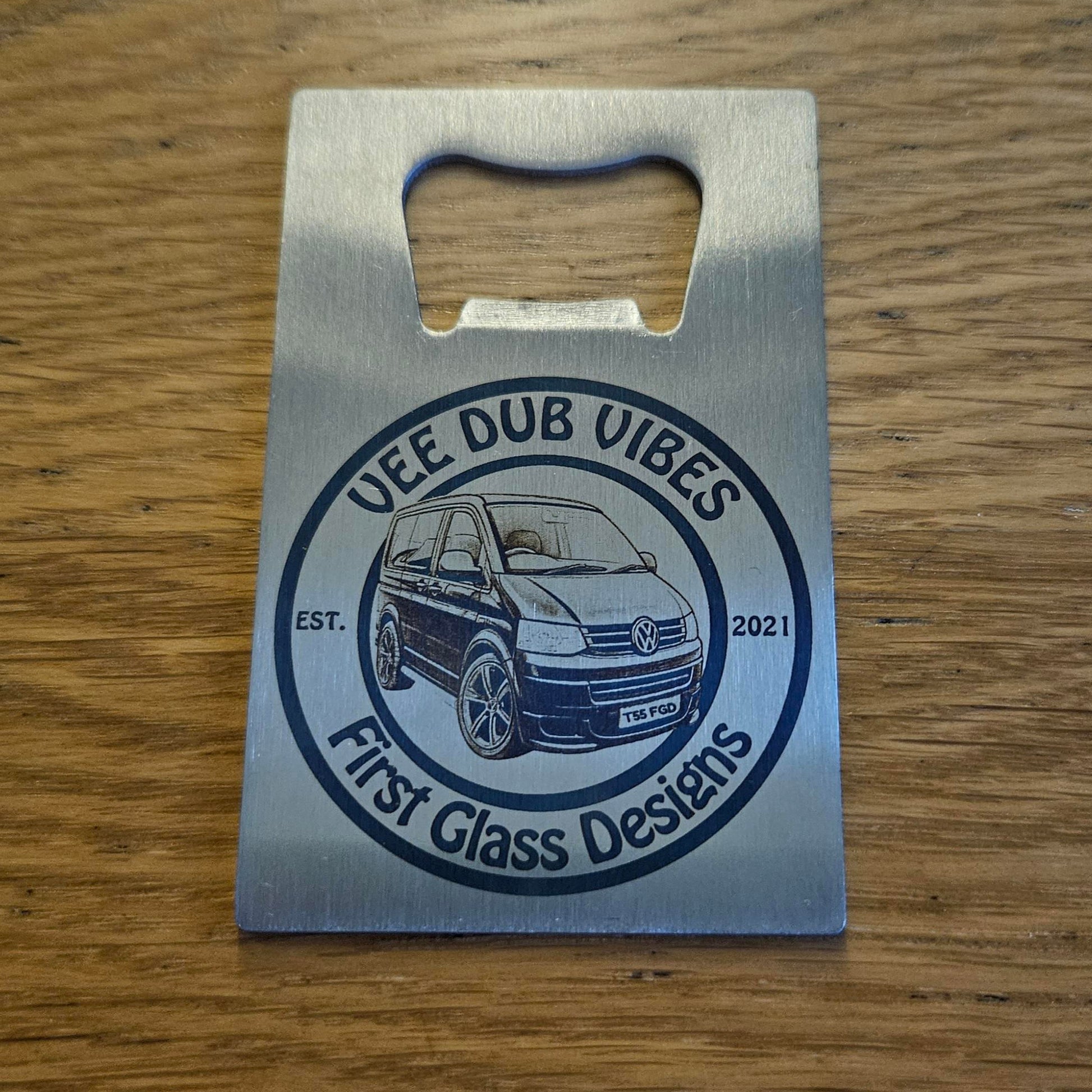 Stainless steel credit card bottle opener with camper van dub-style design