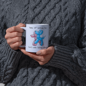 Person holding funny personalised birthday mug with balloon dog design, unique birthday gift for her