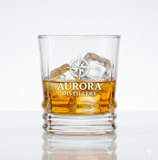 Close up of distinctive ribbed base on personalised 315ml whiskey rocks glass with custom printed design