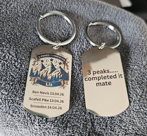 Two stainless steel keyrings for the three peaks challenge completion personalised with own text