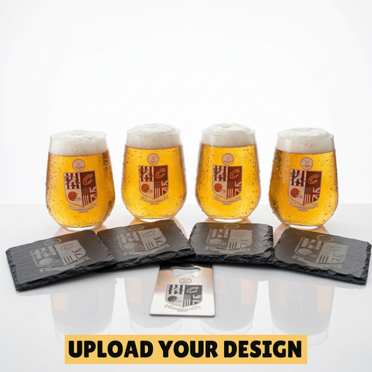 Set of 4 custom printed personalised 440ml stemless beer glasses with heraldic crest design, part of personalised home bar gift set