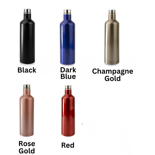 500ml wine bottle shaped stainless steel flasks shown in multiple colour options — personalised with custom name or text