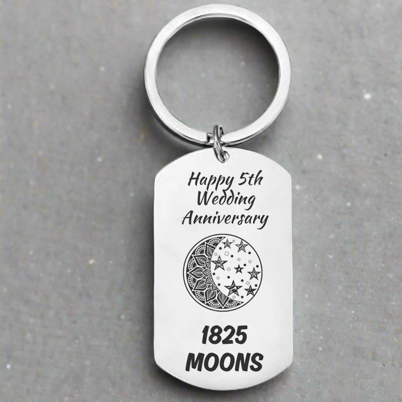 Stainless steel keyring engraved with moon and stars design and “1825 Moons” text – personalised 5 year wedding anniversary gift for husband or wife