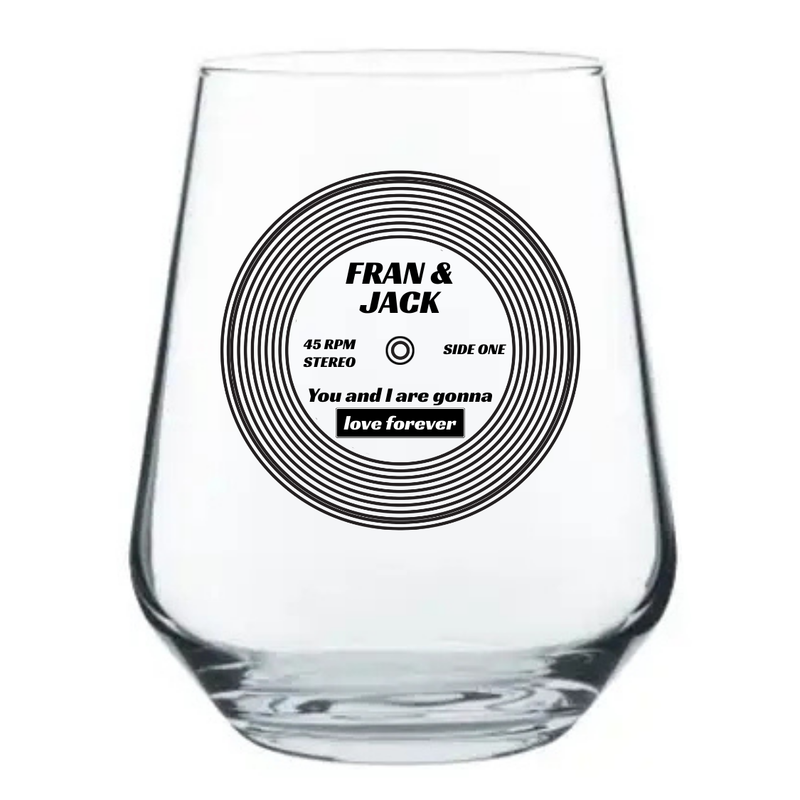 Personalised vinyl record beer glass with couple names and song title printed on the design