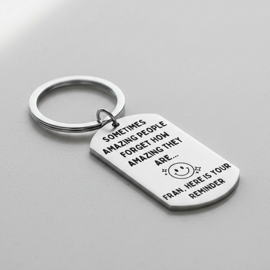 Close-up of engraved amazing people keychain gift for colleague friend teacher mentor women men UK
