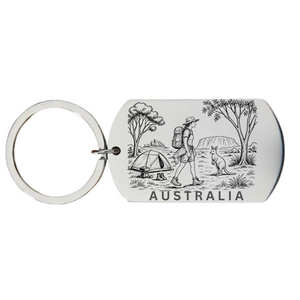 Australia backpacker keyring laser engraved stainless steel dog 
tag with female backpacker kangaroo and Australian outback scene 
on white background