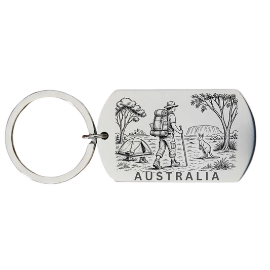 Australia backpacker keyring laser engraved stainless steel dog tag with male backpacker kangaroo gum trees and outback camping scene on white background