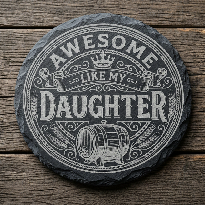 Awesome Like My Daughter engraved round slate coaster with vintage barrel and crown design on rustic wood background, perfect Father's Day gift from daughter to dad