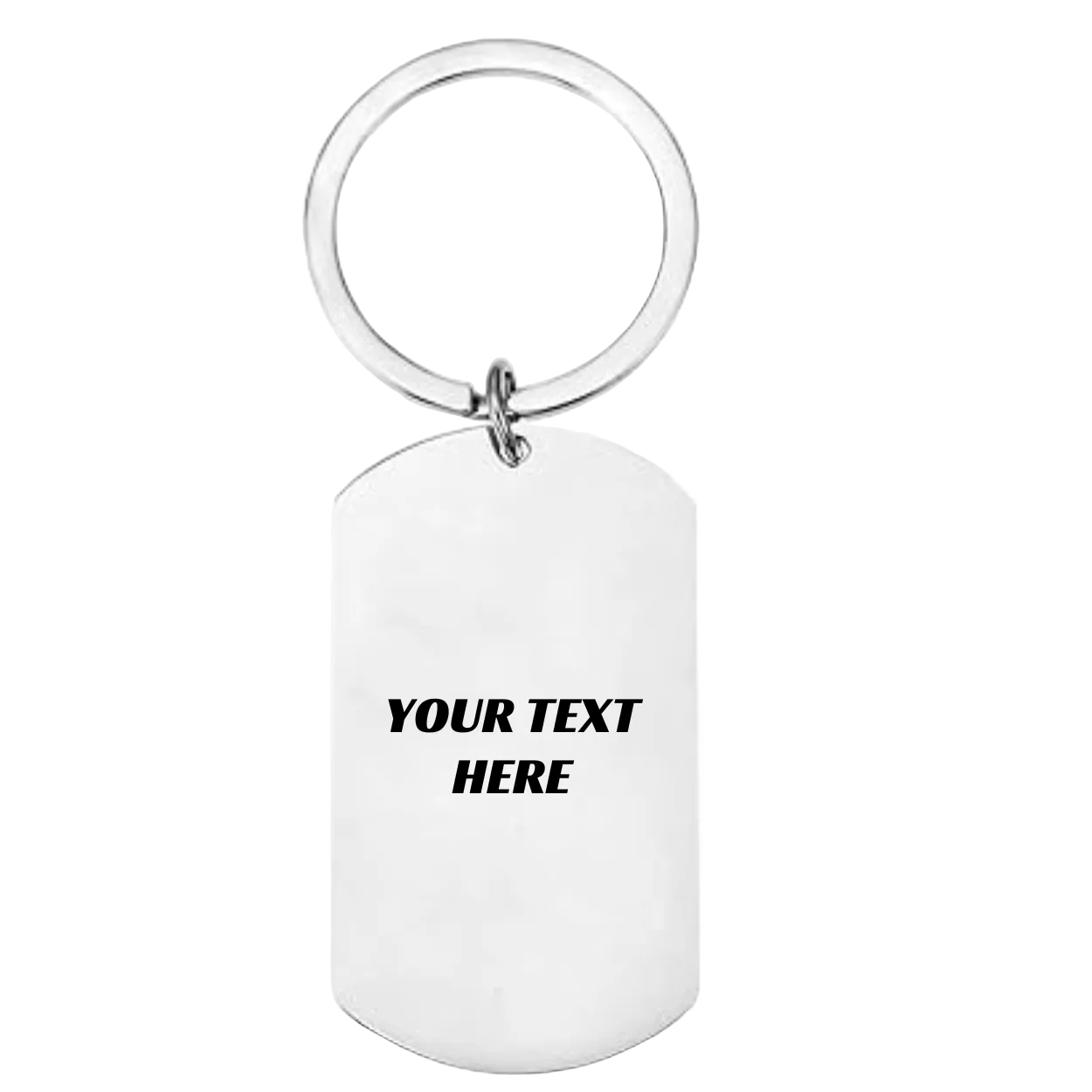 Blank white dog tag keychain with 'Your Text Here' text on a white background