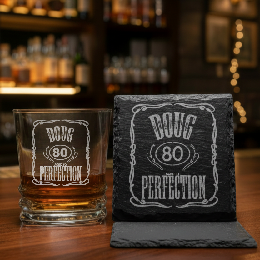 Personalised ink printed whiskey glass — milestone birthday gift for him by First Glass Designs UK