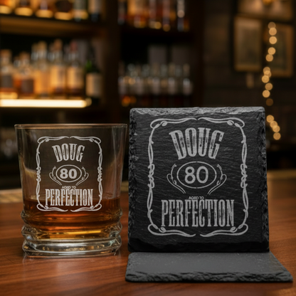 Personalised ink printed whiskey glass — milestone birthday gift for him by First Glass Designs UK