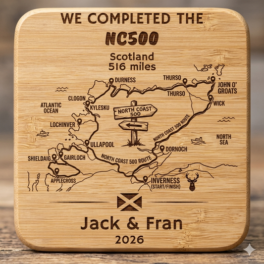 Personalised NC500 laser engraved bamboo coaster showing detailed North Coast 500 route map design with custom name and year