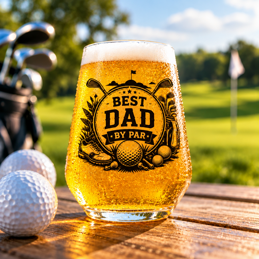 Best Dad golf glass custom printed with a By Par design, golf balls, clubs and shoes illustration