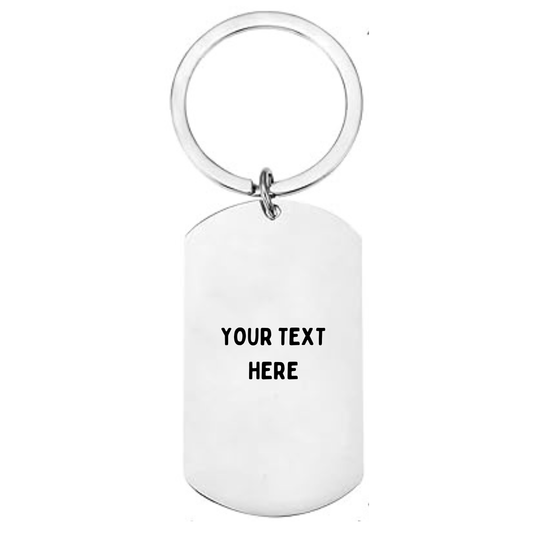White keychain with 'Your Text Here' text on a white background