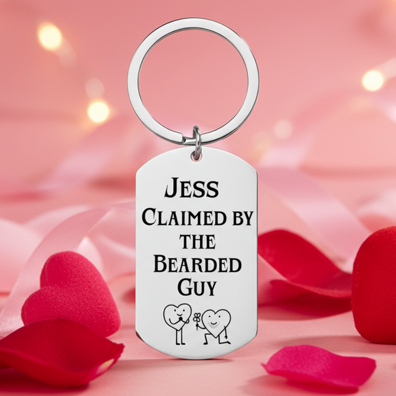 Personalised 'Claimed by the Bearded Guy' couple keyring with custom name Jess at the top, featuring playful stick-figure illustrations of a bearded man and woman holding hands