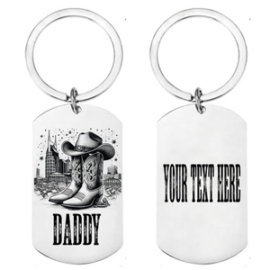Personalised laser engraved country music dog tag keyring front showing cowboy boots and hat design