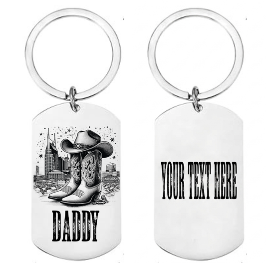 Personalised laser engraved country music dog tag keyring front showing cowboy boots and hat design