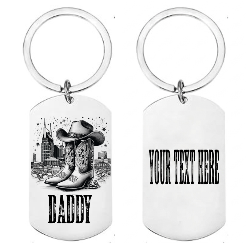Personalised laser engraved country music dog tag keyring front showing cowboy boots and hat design