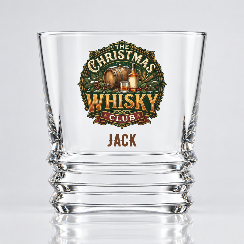 Personalised whisky glass custom printed with a Christmas Whisky Club badge design, barrel and bottle, and the name Jack