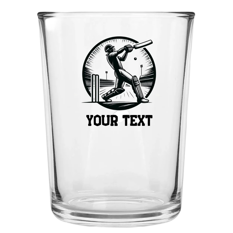 Personalised cricket beer glass gift with custom printed batsman design and custom text