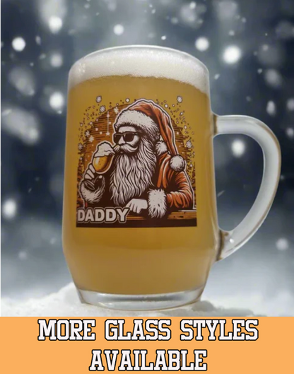 Custom Christmas beer glass with festive Santa artwork