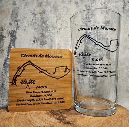 Custom motorsport pint glass showing track map and fastest lap details