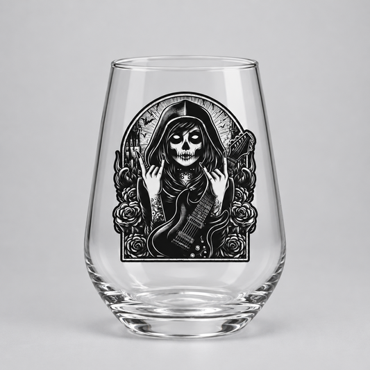 Custom printed gothic stemless glass featuring a mystic skull guitarist design with personalised name