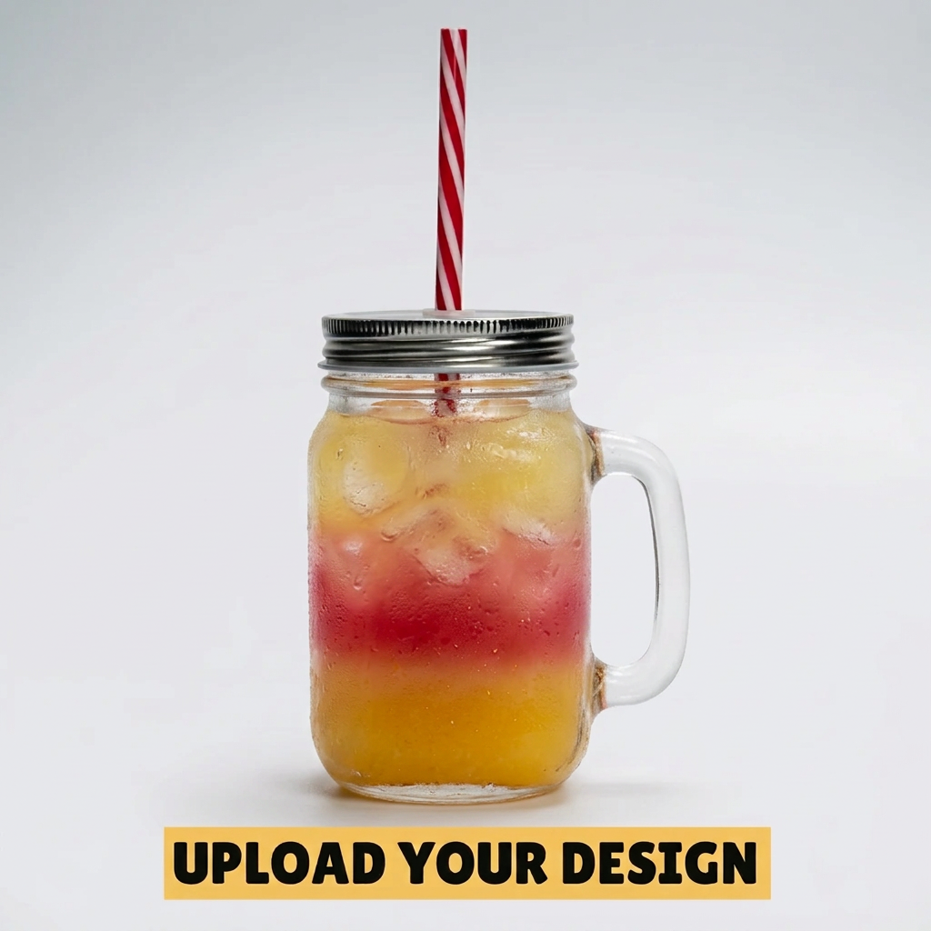 Custom printed mason jar drinking glass with straw, ready for your own artwork or logo