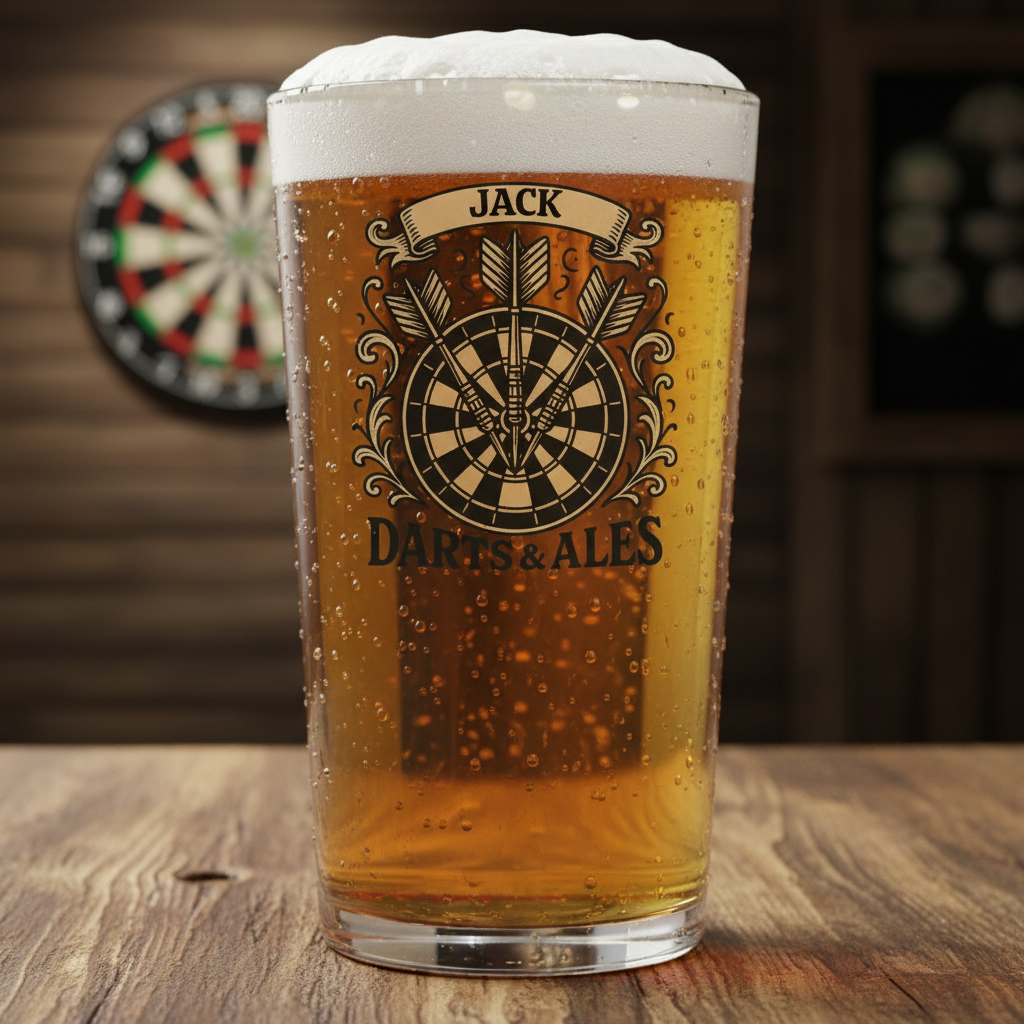 Personalised darts beer glass with engraved dartboard and darts design and custom name