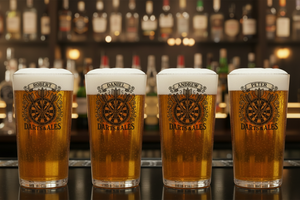 beer glass with ' Darts & Ales' design and personalised name
