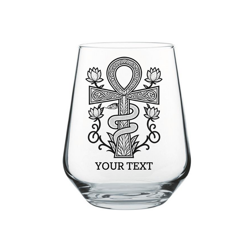 Full view of personalised Ankh wine glass showing the complete Egyptian life symbol design on clear toughened glass