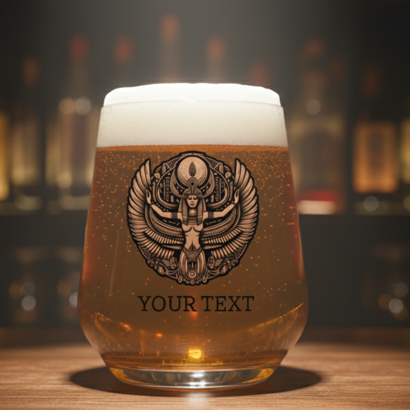 Personalised wine glass featuring Nephthys, Egyptian goddess of night, with outstretched protective wings and house symbol headdress, surrounded by hieroglyphic motifs, with space for custom text at the base