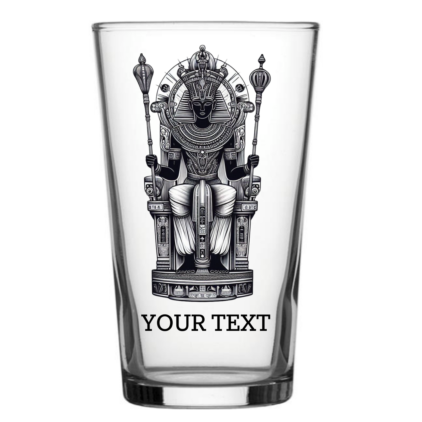 Personalised Egyptian Pharaoh pint glass featuring a detailed pharaoh seated on an ornate throne with nemes headdress, ceremonial staffs, and hieroglyphic bands, with custom text engraving at the base