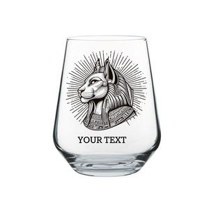 Full view of personalised Sekhmet wine glass showing lion goddess design on clear toughened glass with custom text engraving at base