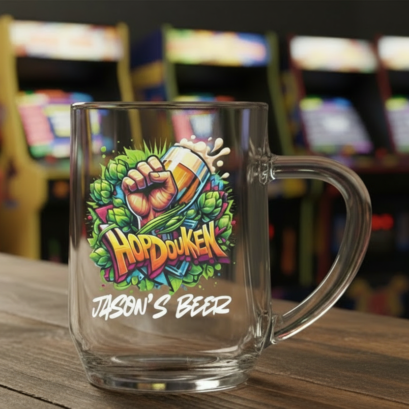 Hopdouken personalised beer glass — bold arcade-inspired artwork, unique gift for gamers by First Glass Designs