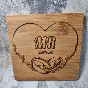 Engraved wedding coasters Mrs & Mrs with names and date