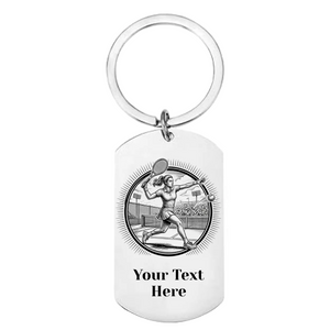 Personalised tennis keyring with laser engraved female tennis player design