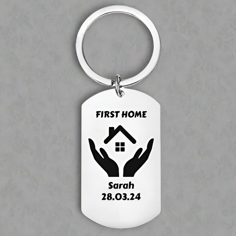 Personalised Engraved First Home Keyring – Custom Housewarming Gift with Name & Date